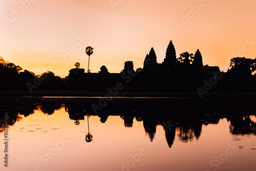 Sunrise in Angkor Wat, a temple complex in Cambodia. UNESCO World Heritage Site. © Hide_Studio