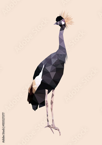 polygonal black crowned crane, poly low bird, polygon animal