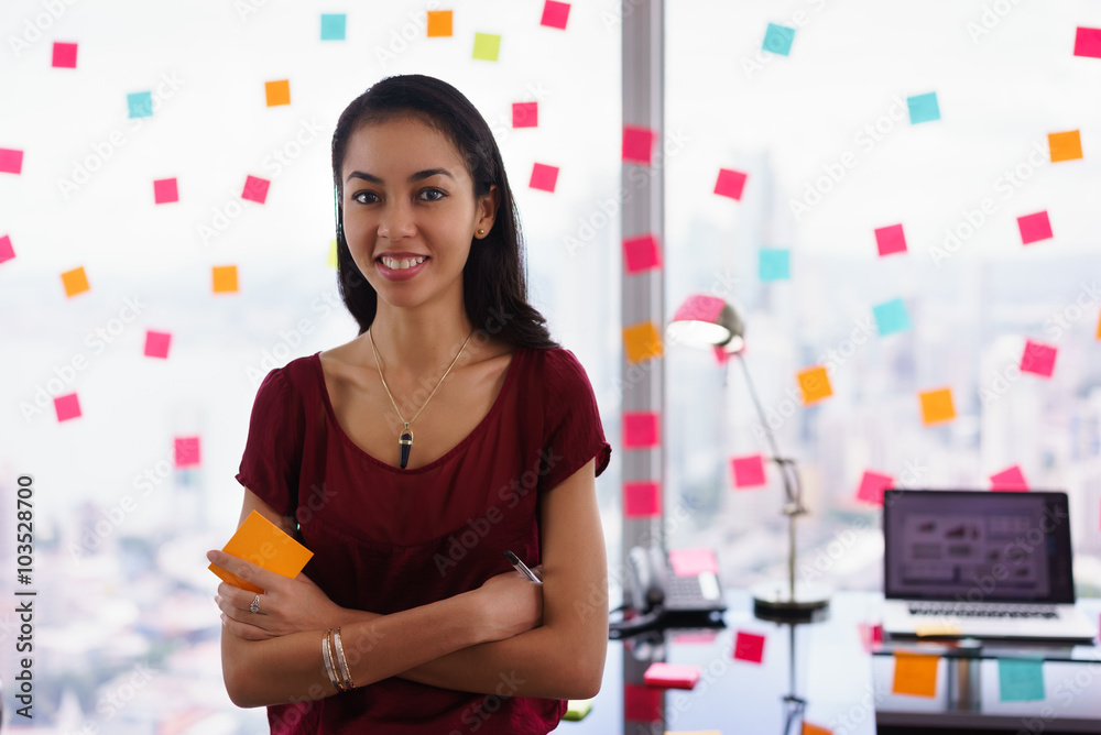 Portrait Business Woman Writing Sticky Notes Smiling At Camera