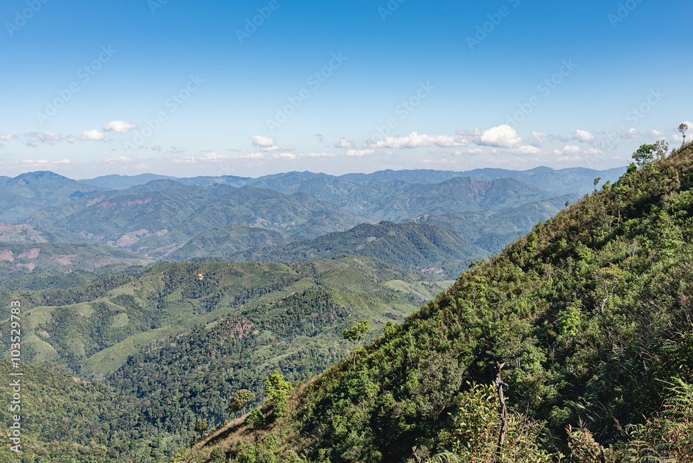 view of green mountain range , mountain gap, mountain layer, panorama view
