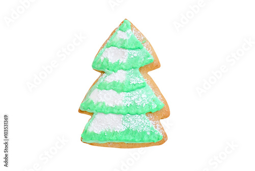 gingerbread like christmas tree with snow isolated on white