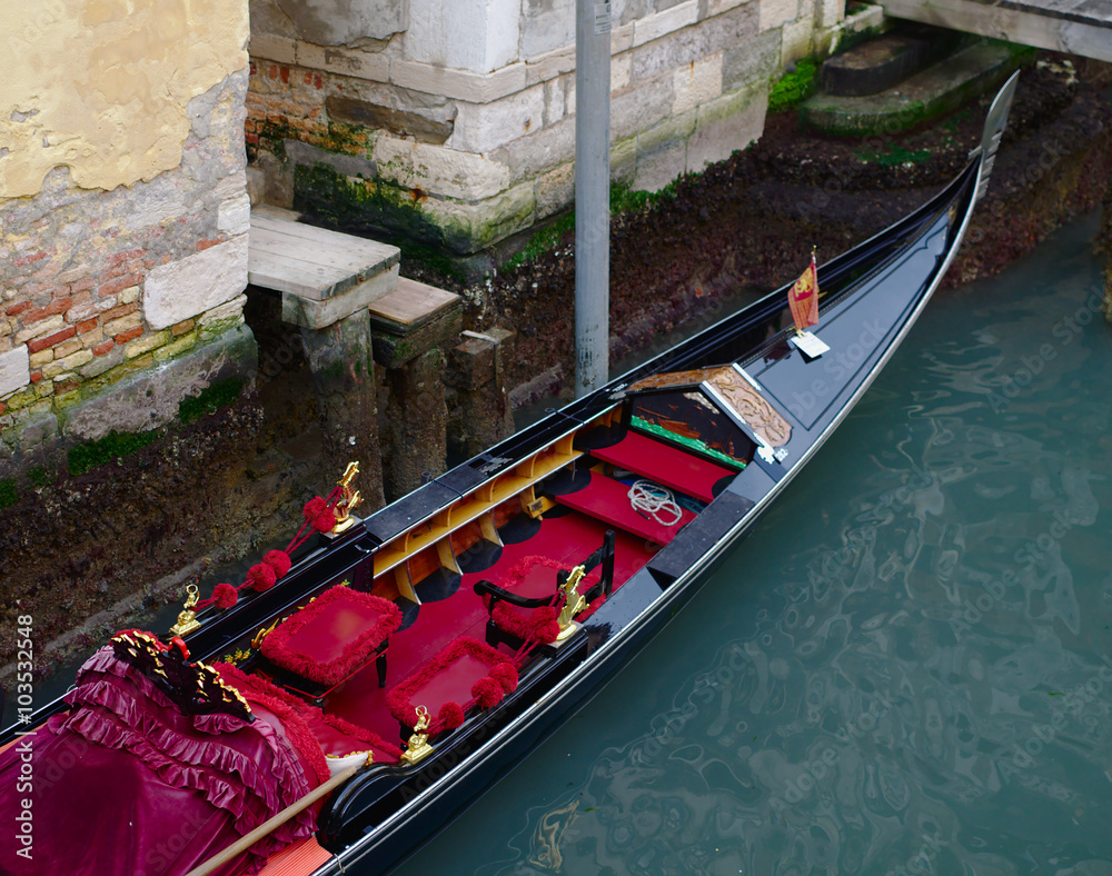 02-06-2016, Venice, Italy - A venetian gondola from above with a detail of its beautiful interiors