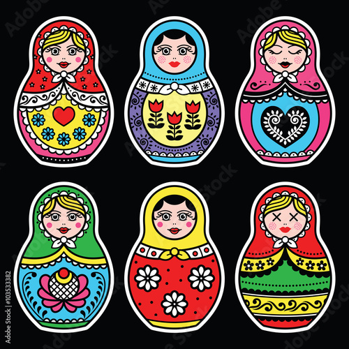 Matryoshka, Russian doll colorful icons set on black