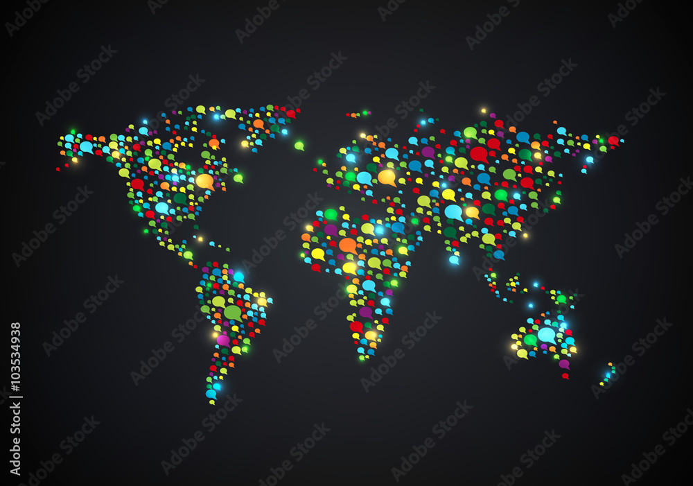 Fototapeta premium World map shape with colored many bubbles speech