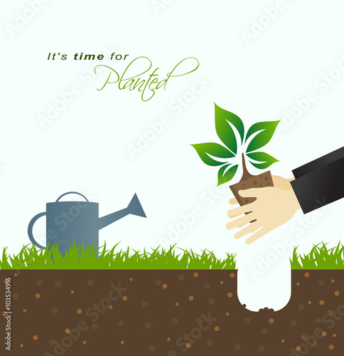 It is time for planting.Farmer planting in the ground with green