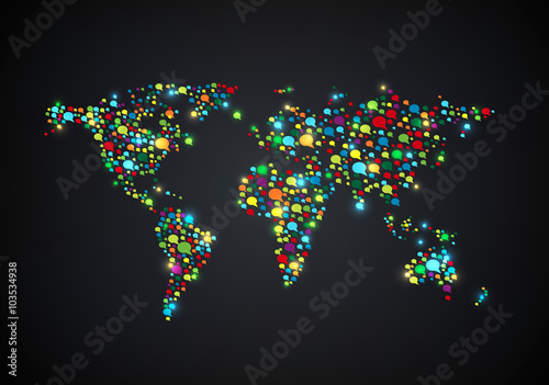 World map shape with colored many bubbles speech