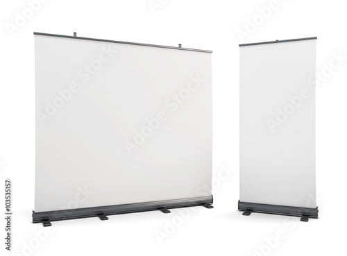 Wide portable advertising banner and roll-up on a white.