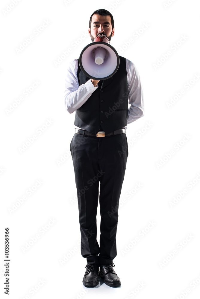 Fototapeta premium Luxury waiter shouting by megaphone