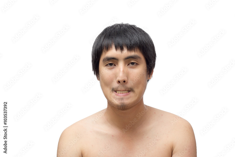 asian men make crazy face isolated on white background
