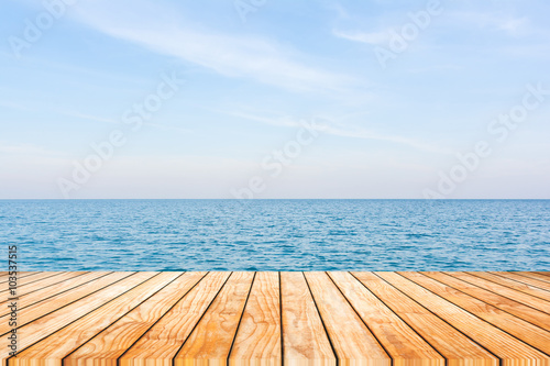 View of sea and sky on wood floor, for mock up product display b