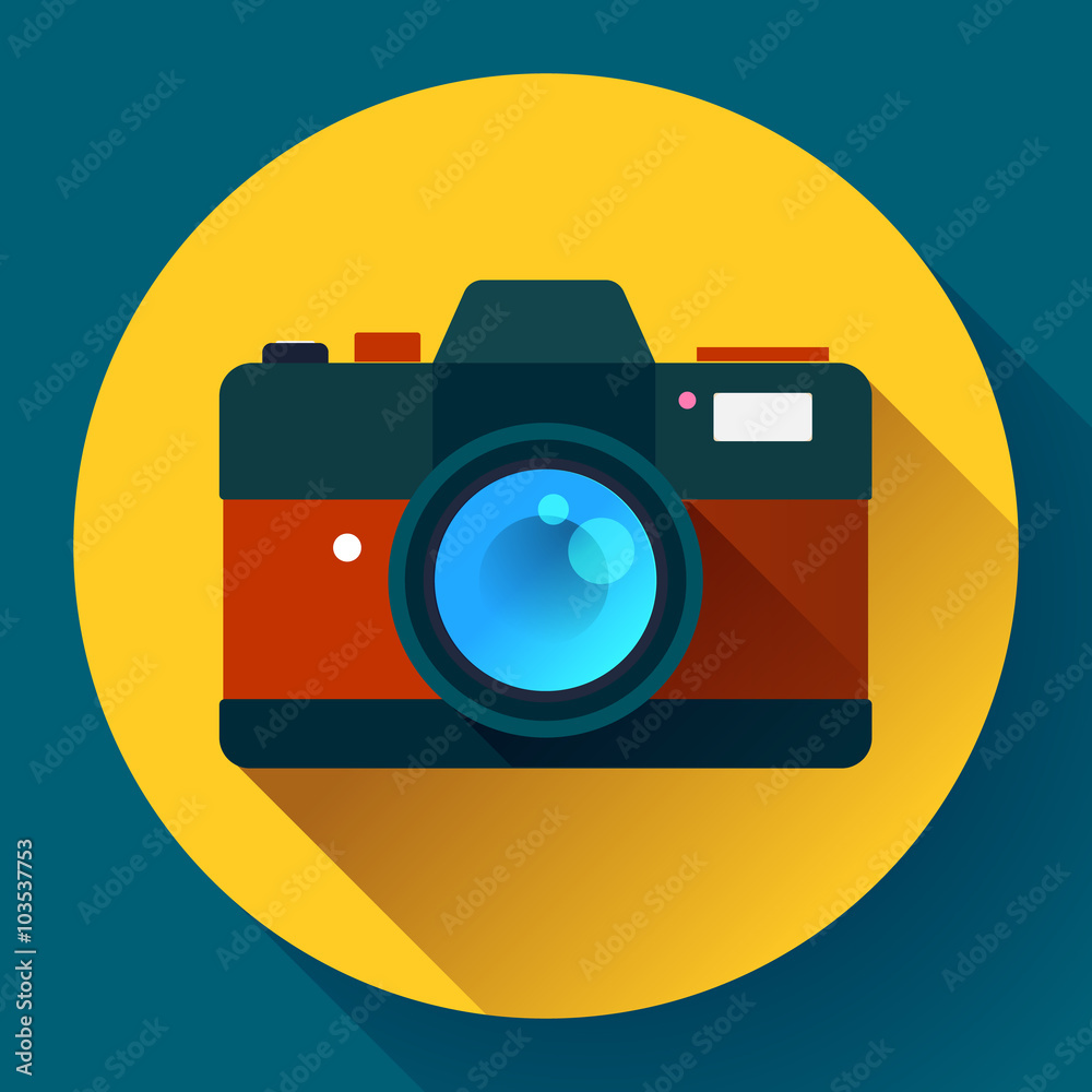 Vintage photo camera icon with long shadow. Flat design style.
