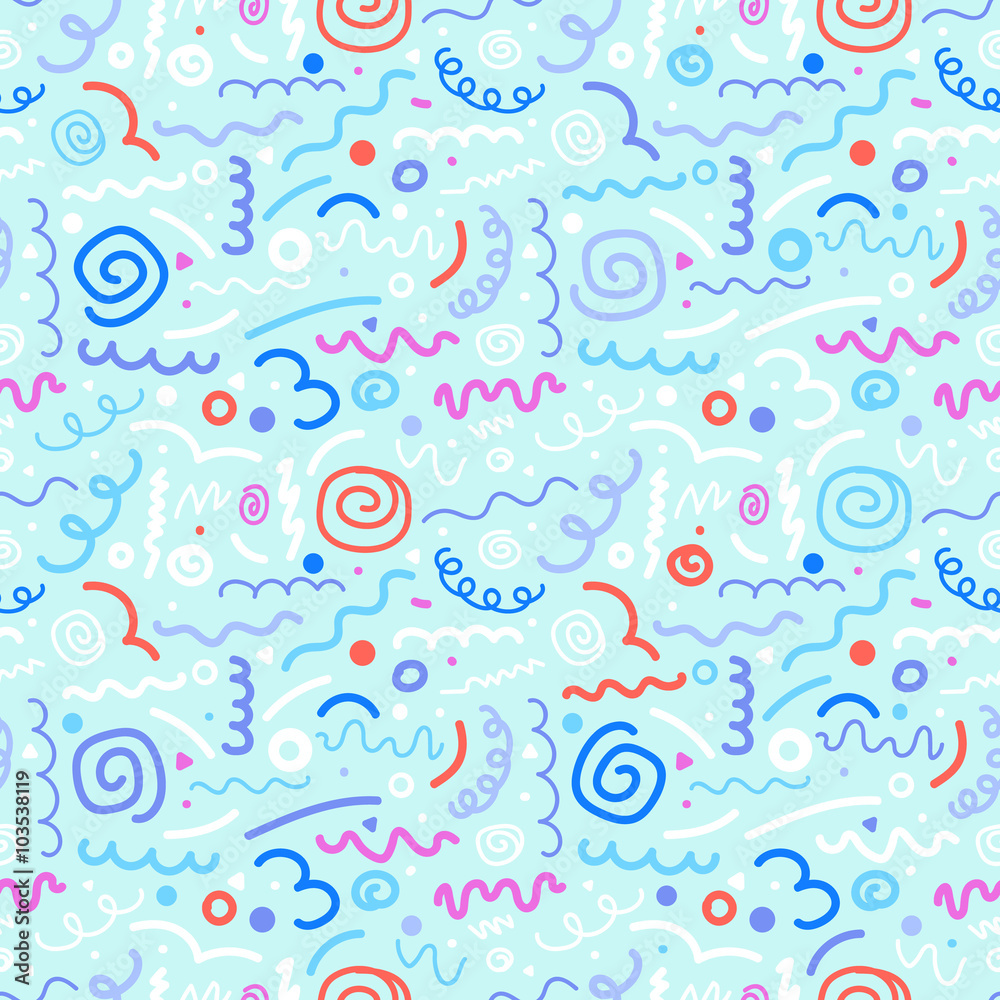Different hand-drawn doodle elements pattern. Abstract seamless