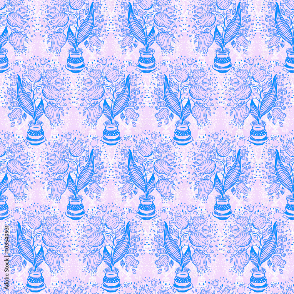 Seamless pattern with stylize drawing of tulips in a pot. Seamless pattern with stylize drawing of tulips in a pot.