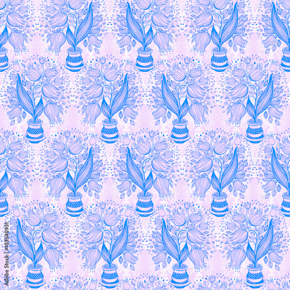 Seamless pattern with stylize drawing of tulips in a pot.