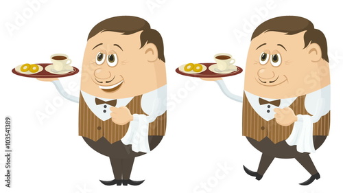 Fullhd 1920x1080 Progressive Seamlessly Looping Video, Waiters, Funny Cartoon Characters in Uniform with Coffee and Buns on Trays, Coming to Serve Clients. Animated Elements. Alpha Matte Included