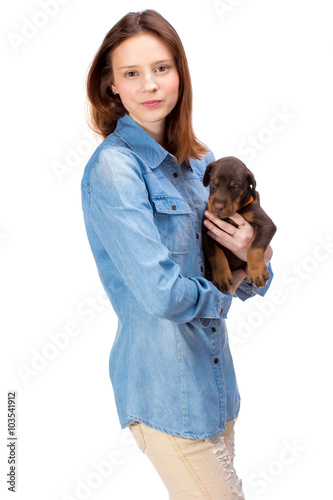Red girl with puppy