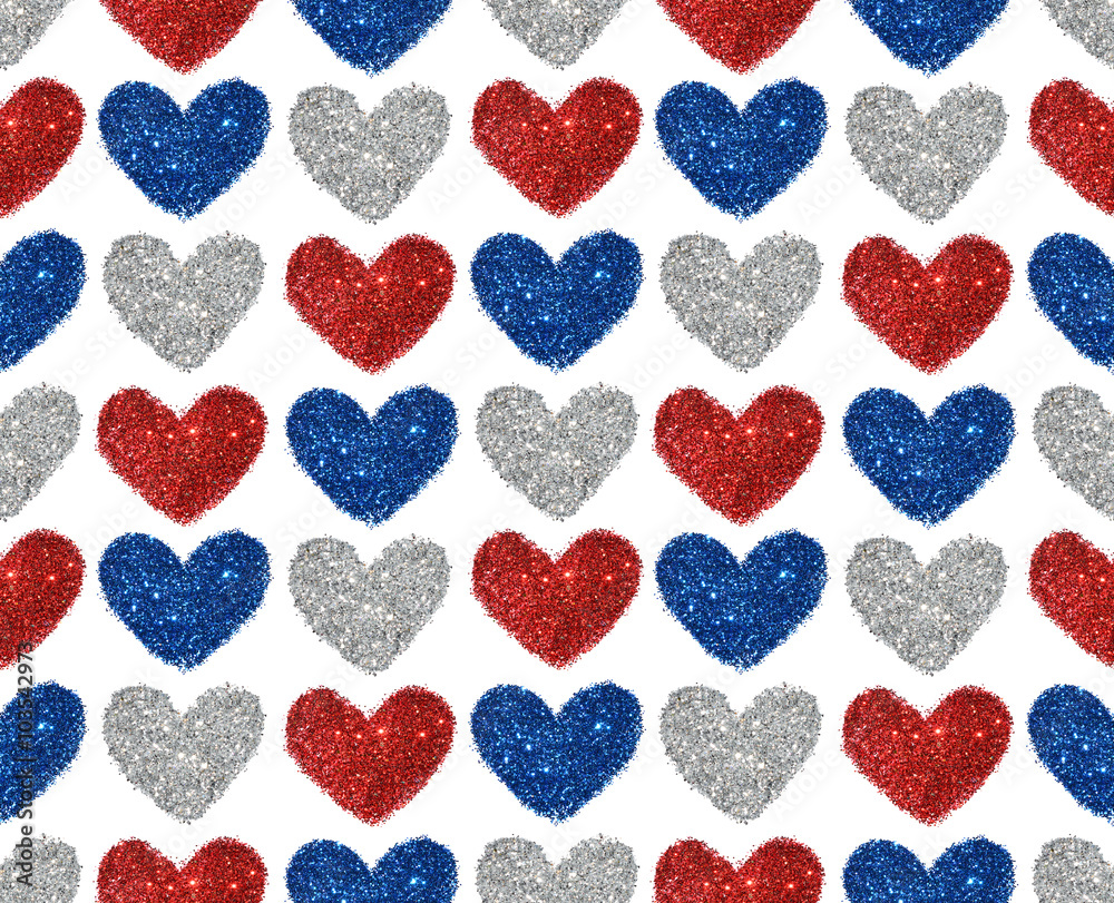 Background with hearts of red, blue and silver glitter, seamless pattern