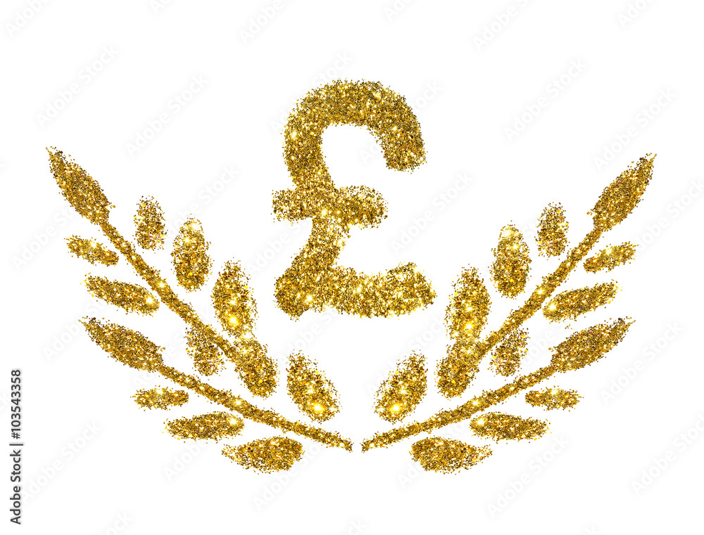British Pound sign and twigs with leaves of golden glitter sparkle on white background. Concept of prosperity British Pound sign and twigs with leaves of golden glitter sparkle on white background. Concept of prosperity