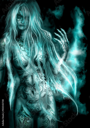 Savage Goddess. Illustration naked fantasy woman with bizarre tattoo and long shiny hairs on the mist background