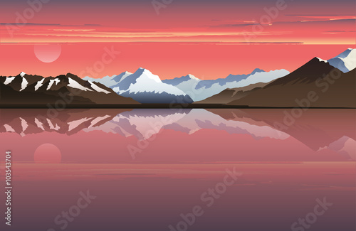 Vector horizontal illustration of mountains. Sunset in the mountains. Sunrise in the mountains. Mountains reflected in the water. Sun and mountains. mountains background.