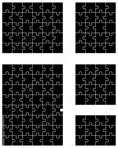 Vector illustration of five black puzzles, separate pieces