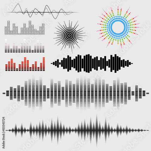 Vector sound waves set. Audio equalizer technology, pulse musical. Vector illustration