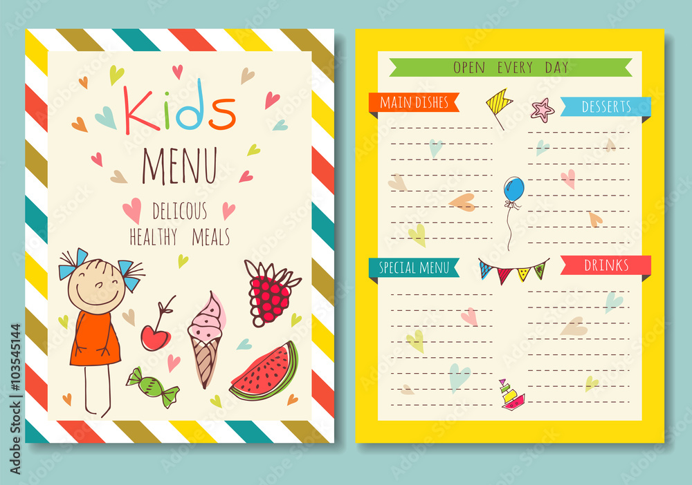 Obraz premium Cute colorful kids meal menu vector template