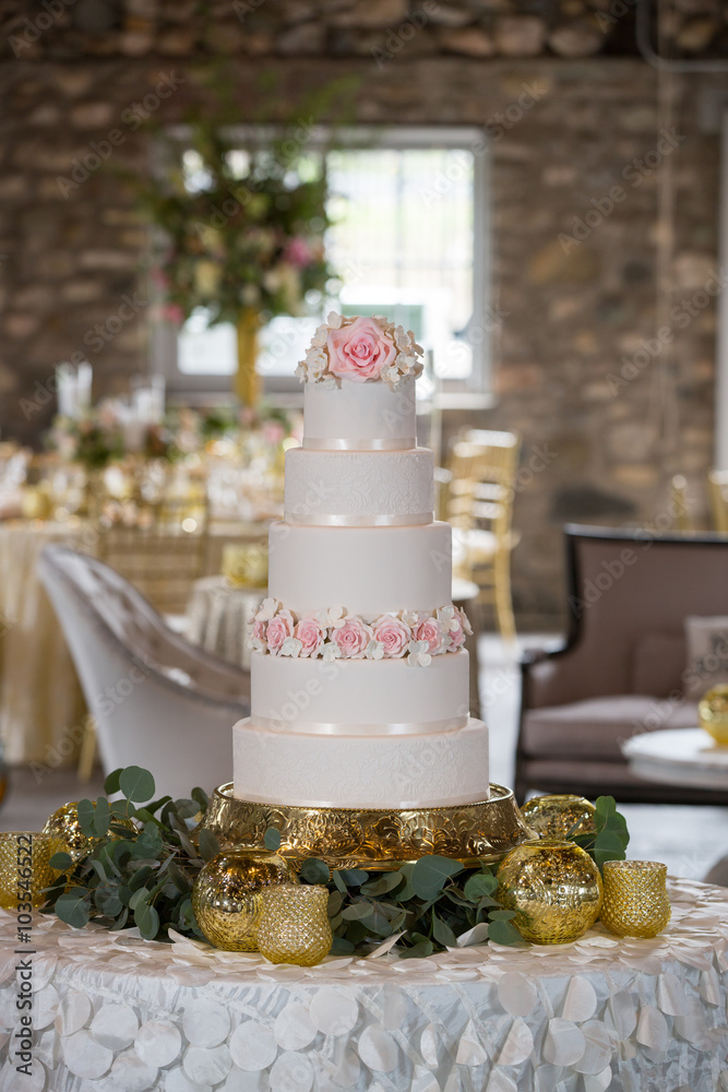 wedding cake five tier elegant simple white pink frosting sweet dessert
