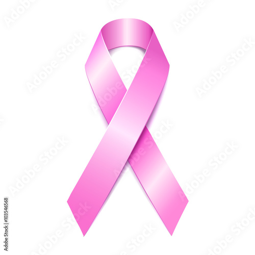 Realistic pink ribbon, breast cancer awareness symbol, isolated on white.