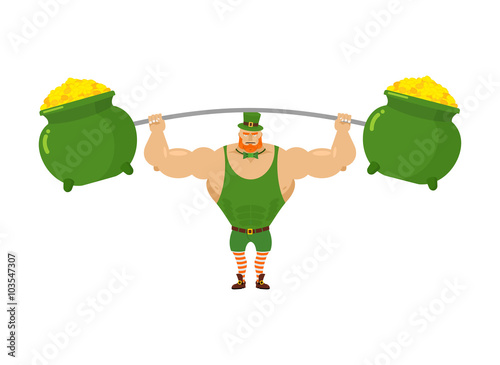 Strong leprechaun holds barbell and  pot of full gold. Sports fo