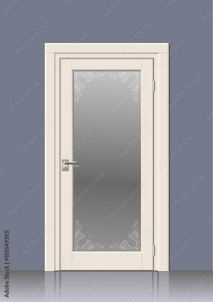Wooden door in vector graphics on the wall in the interior of the room Wooden door in vector graphics on the wall in the interior of the room
