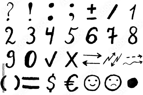 set of characters drawn in pencil, numbers, symbols.