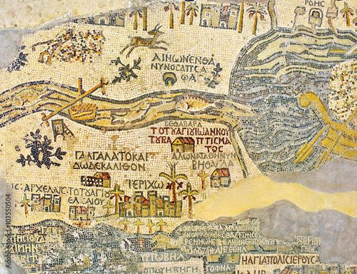 Obraz na płótnie Jordan. Madaba (biblical Medeba) - St. George's Church. Fragment of the oldest floor mosaic map of the Holy Land - the Jordan River and the Dead Sea w salonie