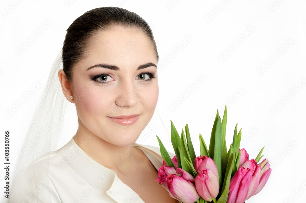 Happy bride with veil and tulips Happy bride with veil and tulips