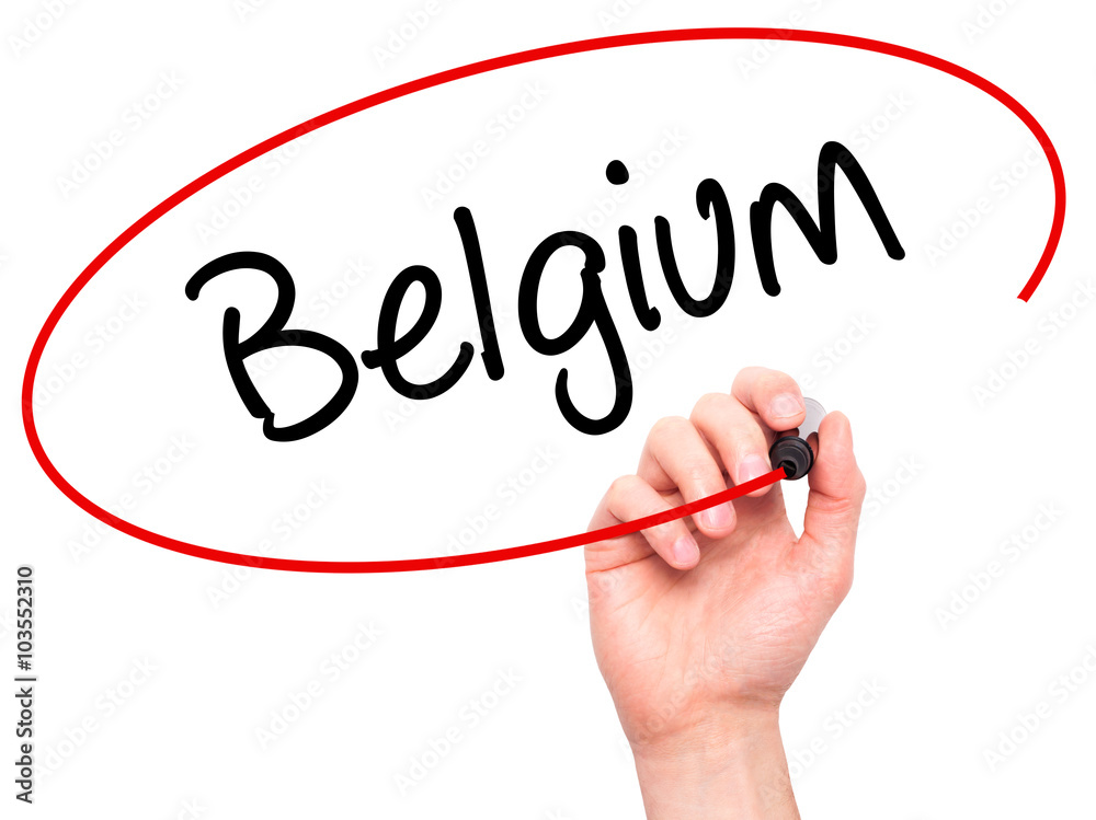 Man Hand writing Belgium with black marker on visual screen Man Hand writing Belgium with black marker on visual screen