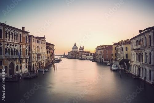 long time exposure of canal grande in Venice  Venezia  - Santa Maria Della Salute  Church of Health in dusk twilight at Grand canal Venice  Italy  Europe  vintage filtered style  
