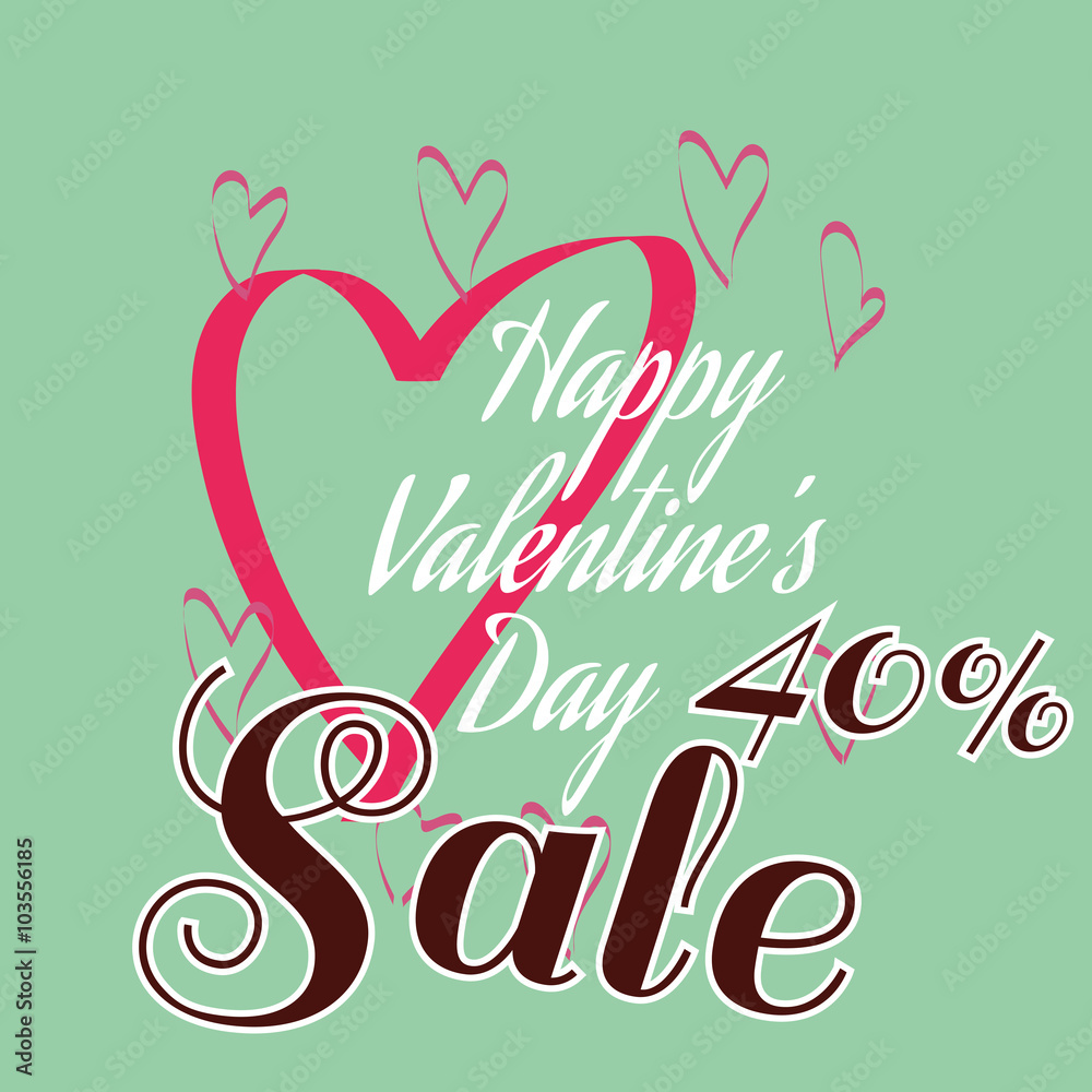 Obraz premium Happy Valentine's Day Sale Banner. Big Pink Heart Silhouette and White Congratulation Text on Green Backdrop. Black Sale Message Digital background vector percentage discount banner.