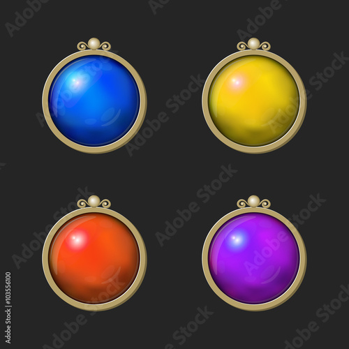 Beautiful colorful shiny round set of Game elements. Isolated on the dark background