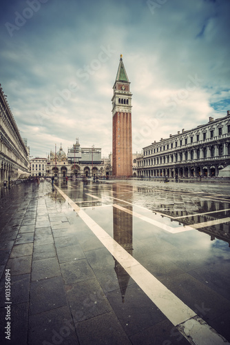 St. Marks Square (Piazza San Marco) during high tide, Venice (Venezia), Italy, Europe, Vintage filtered style 