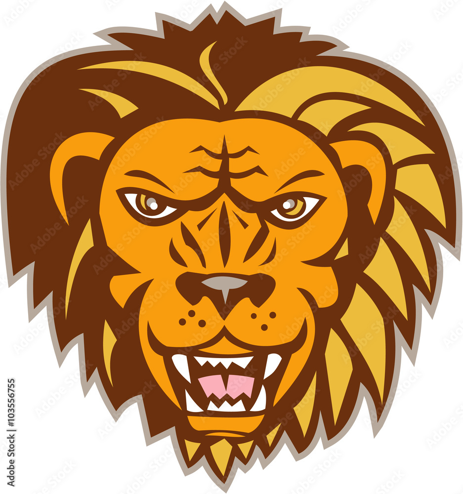 Obraz premium Angry Lion Big Cat Growling Head Retro