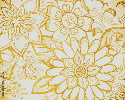 gold floral pattern on beige or cream color, elegant abstract flowers hand drawn on off white paper background, wedding design or website graphic art backdrop, doodled flower art