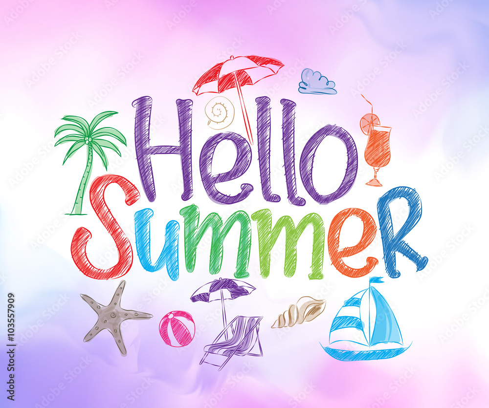 Hello Summer Colorful Design with Hand Drawing Vector Elements and Decoration of Summer Items in a Colorful Background. Vector Illustration
