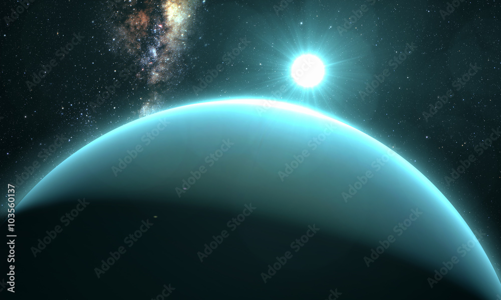 planet Uranus with sunrise on the space background 

