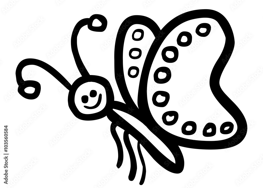 Lustiger, handgezeichneter Schmetterling von der Seite / schwarz-weiß