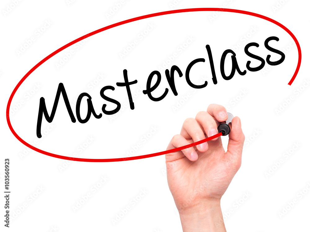 Man Hand writing Masterclass with black marker on visual screen Man Hand writing Masterclass with black marker on visual screen