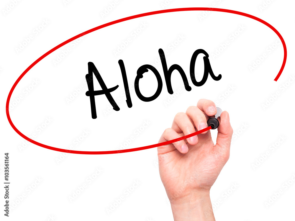 Man Hand writing Aloha with black marker on visual screen Man Hand writing Aloha with black marker on visual screen