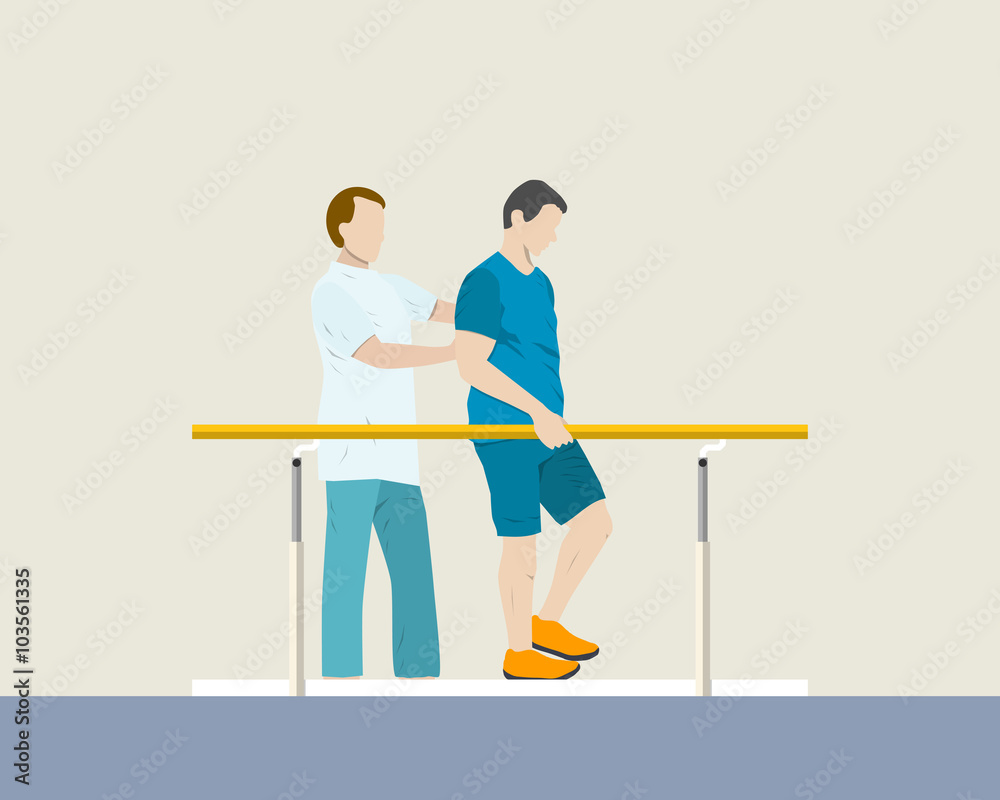 The doctor helps a patient in the hospital room rehabilitation. Vector illustration