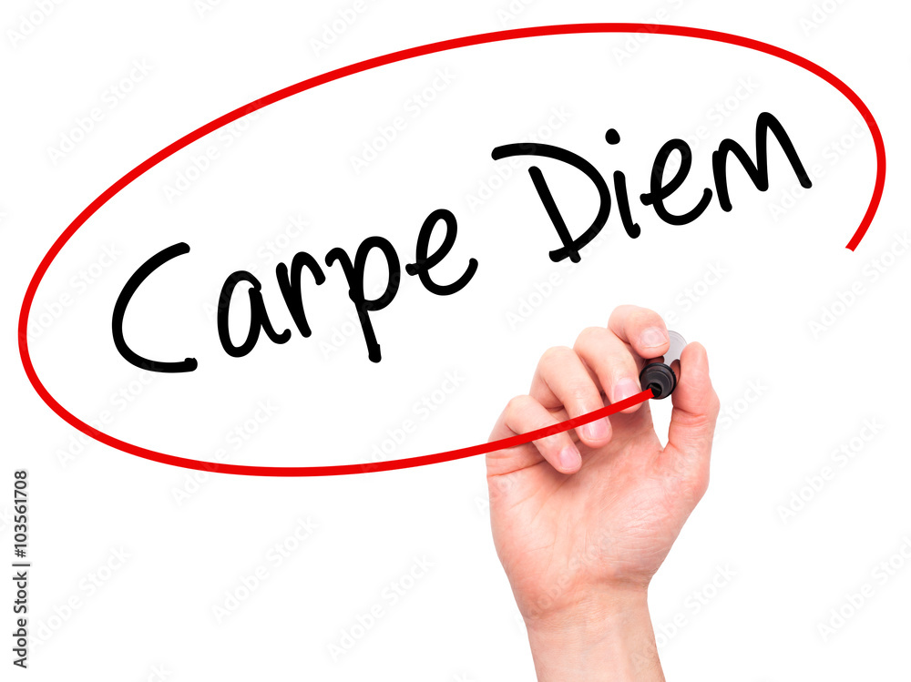 Man Hand writing Carpe Diem with black marker on visual screen Man Hand writing Carpe Diem with black marker on visual screen