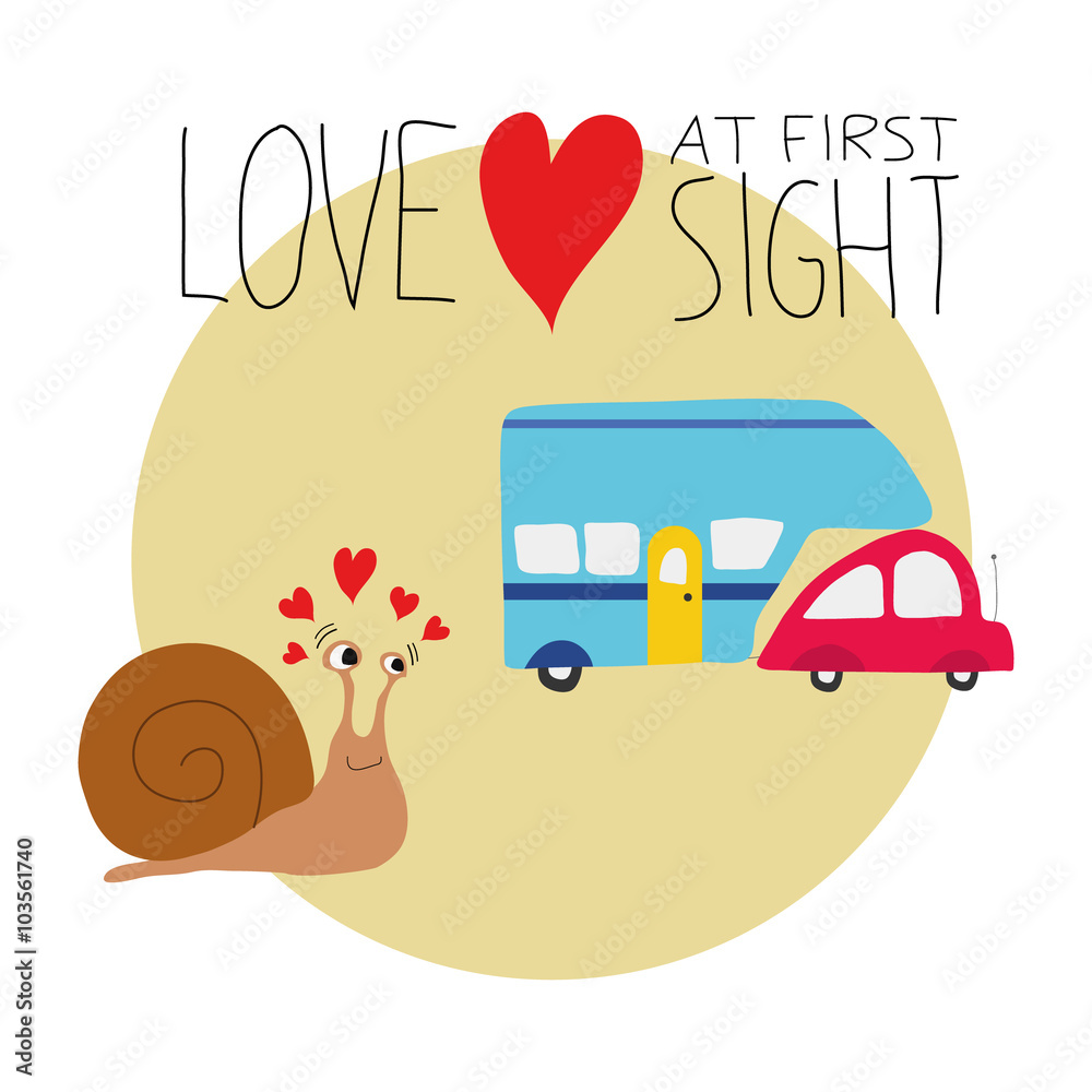 Naklejka premium Vector illustration of a snail falling in love with a car and a trailer. Funny Saint Valentines greeting card. Love concept.