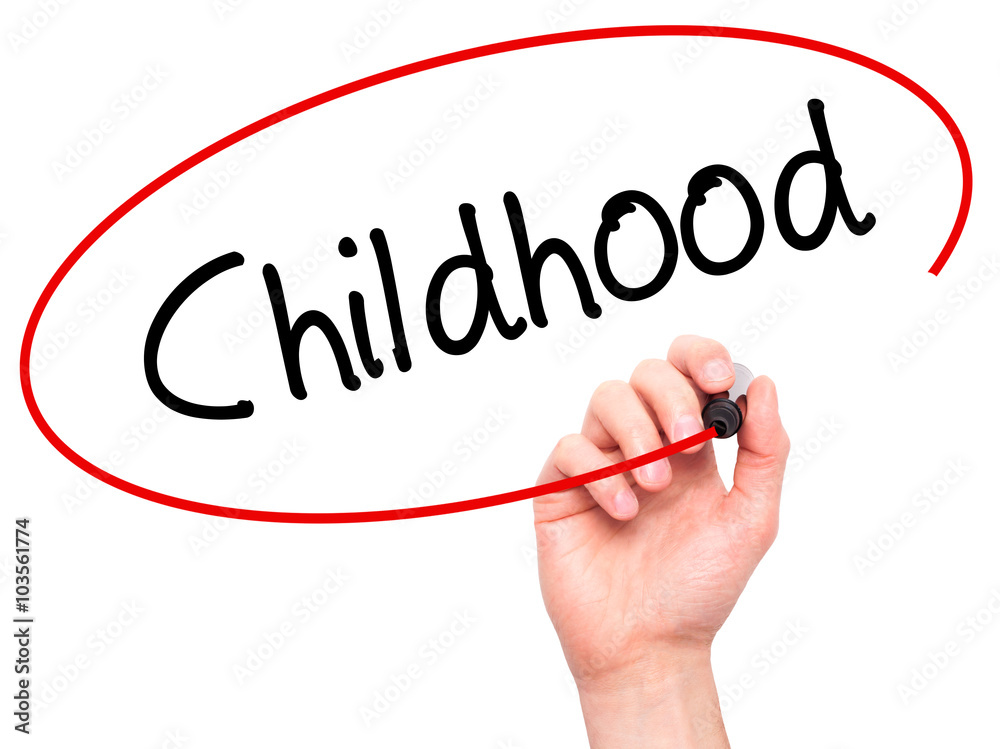 Man Hand writing Childhood with black marker on visual screen Man Hand writing Childhood with black marker on visual screen